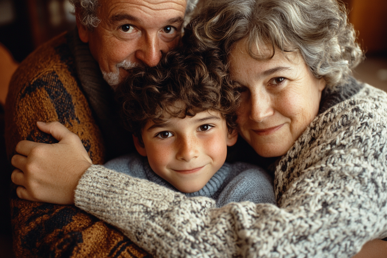 A boy hugging his grandparents | Source: Midjourney