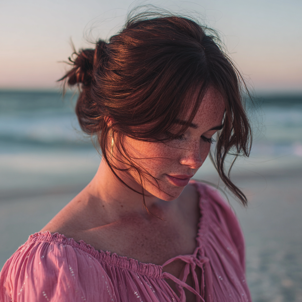 A woman standing on a beach in a pink dress | Source: Midjourney