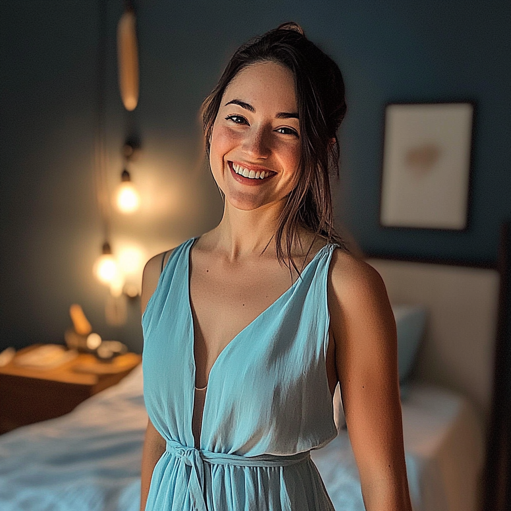 A smiling woman standing in a bedroom | Source: Midjourney