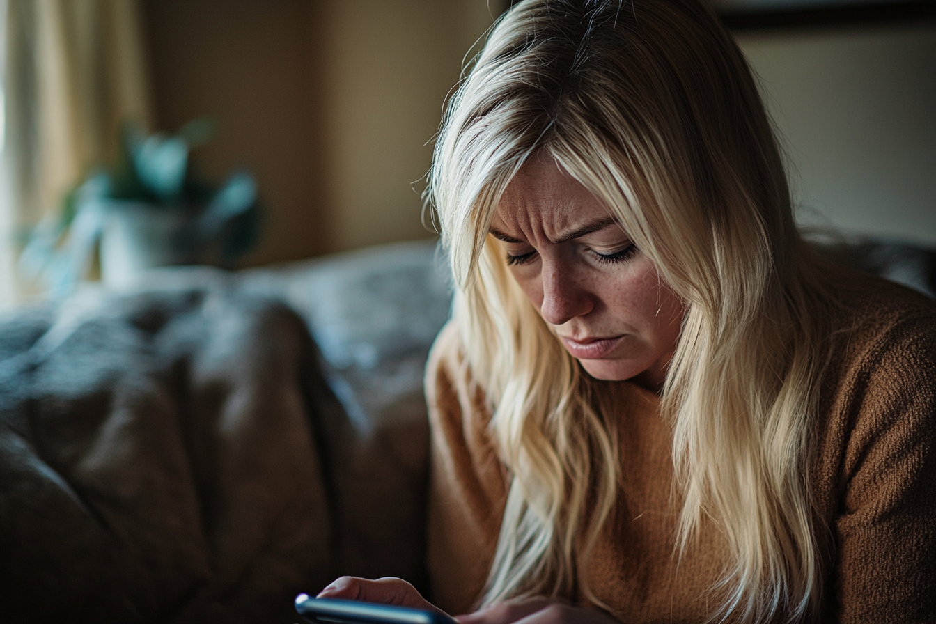 Una mujer frunciendo el ceño mientras mira su teléfono | Fuente: Midjourney