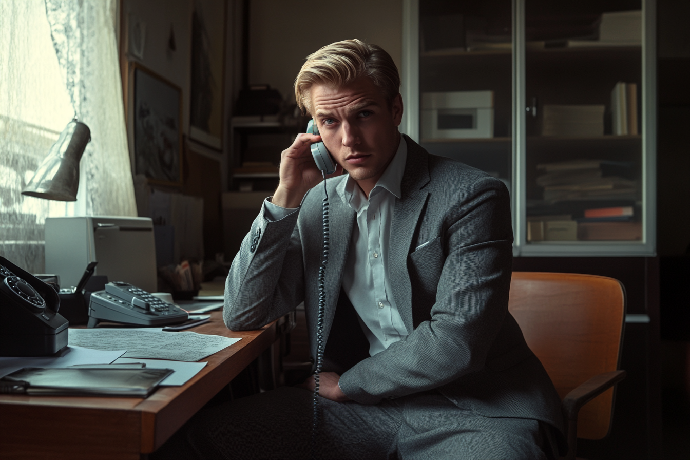 A man sitting on a desk in a tiny office talking on the phone | Source: Midjourney