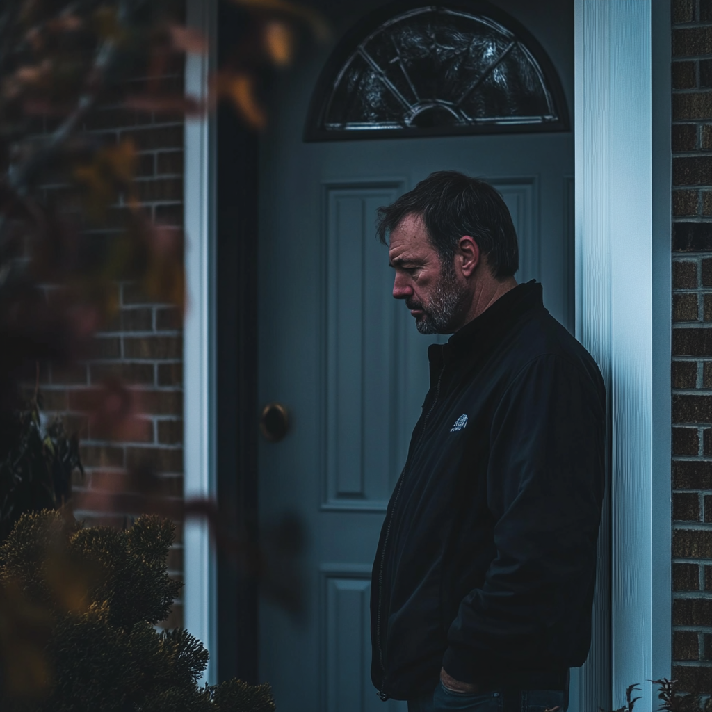 A middle-aged man in front of a closed door | Source: Midjourney