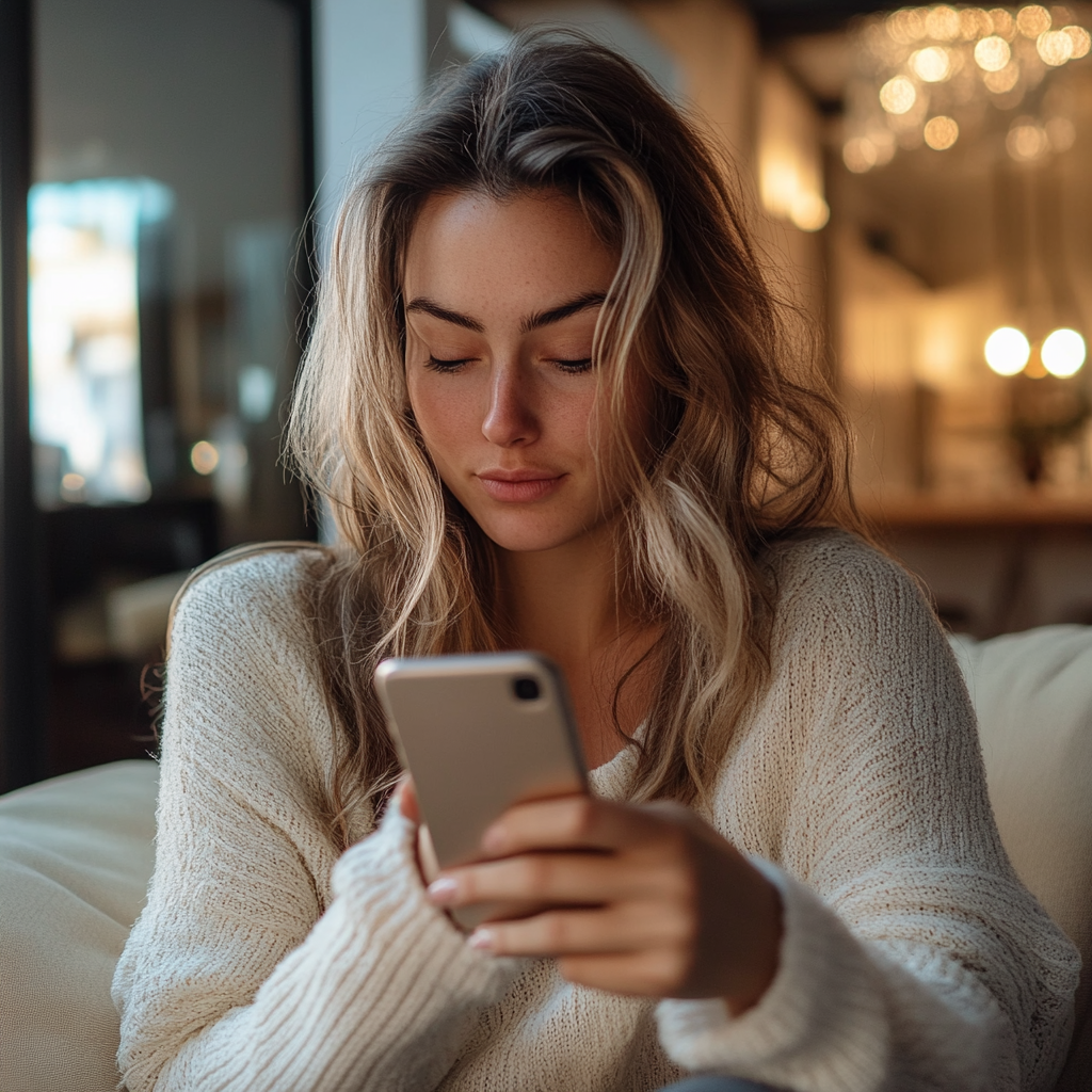 Mulher lendo uma mensagem no telefone | Fonte: Midjourney