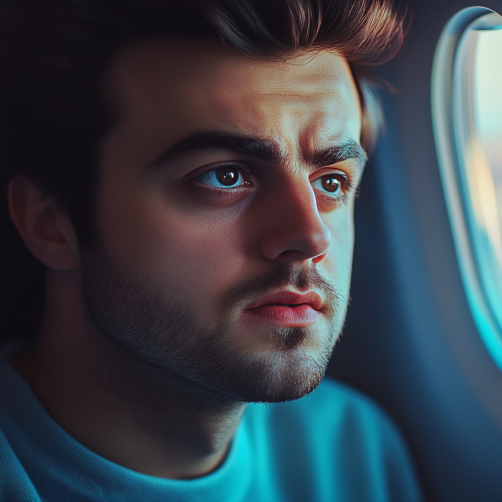 A close-up shot of a man sitting near in the window seat | Source: Midjourney