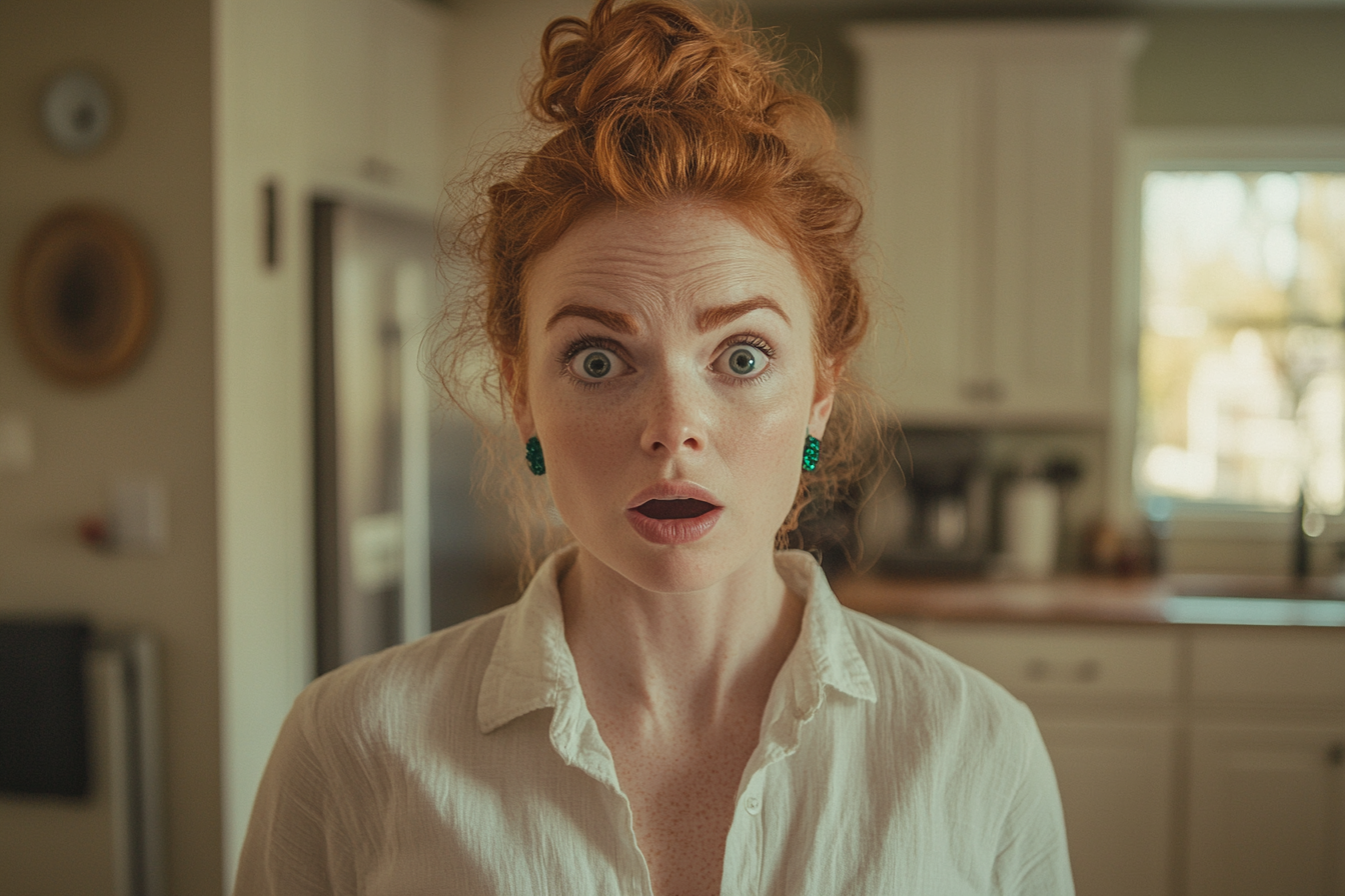 Woman in her 30s looking shocked and happy in a kitchen | Source: Midjourney