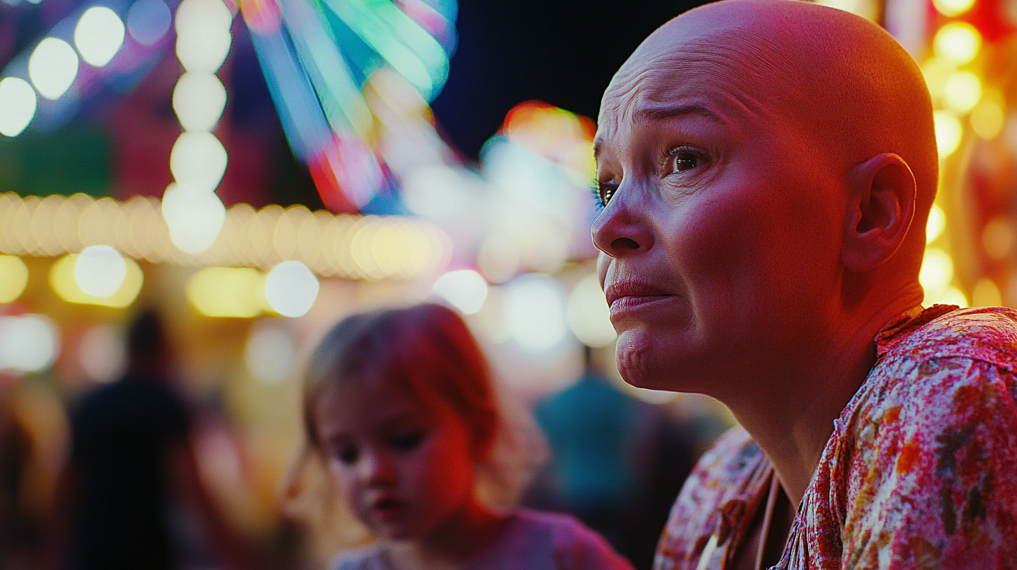 Bald desperate lady with a little girl, standing behind her | Source: Midjourney