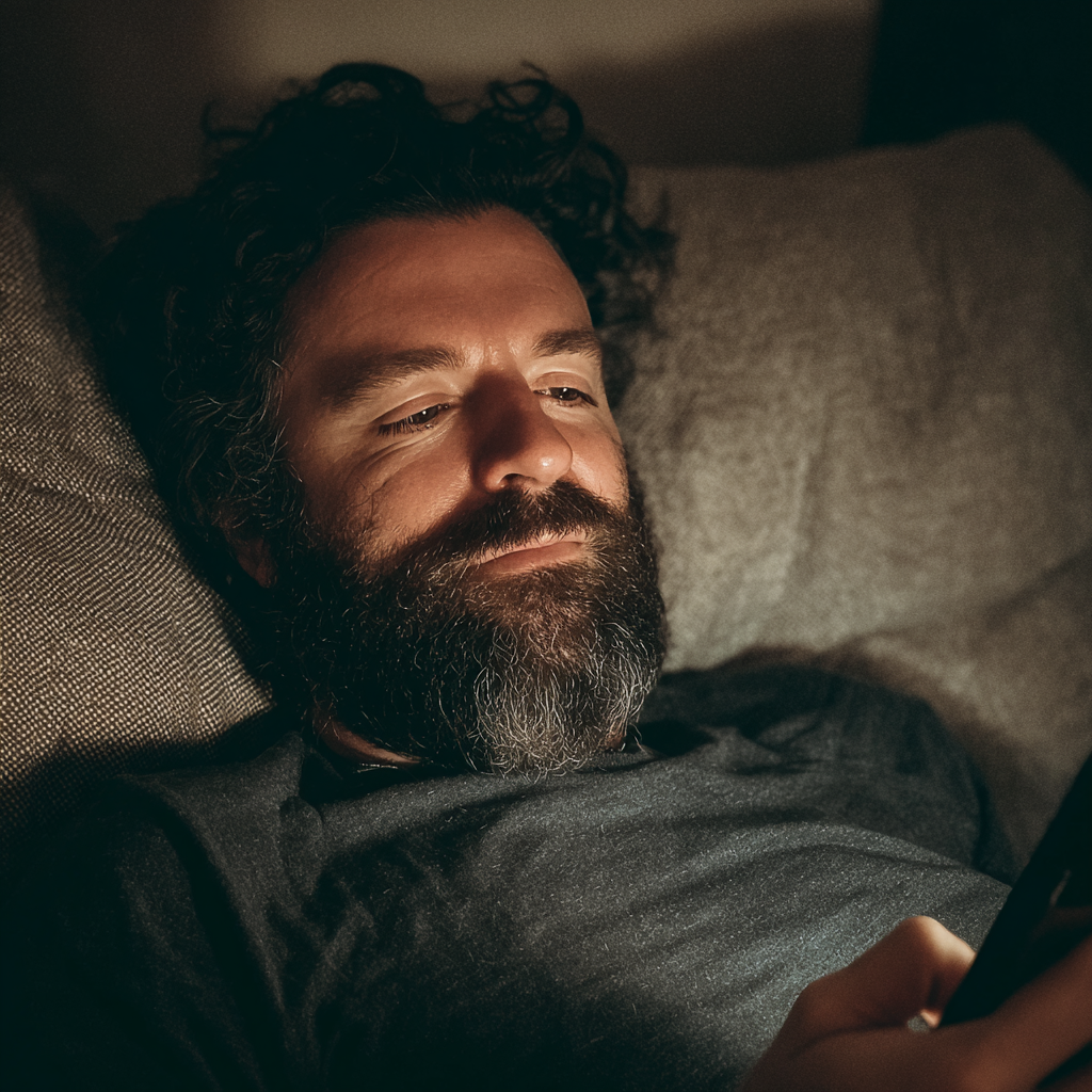 A man sitting on a couch and using his phone | Source: Midjourney