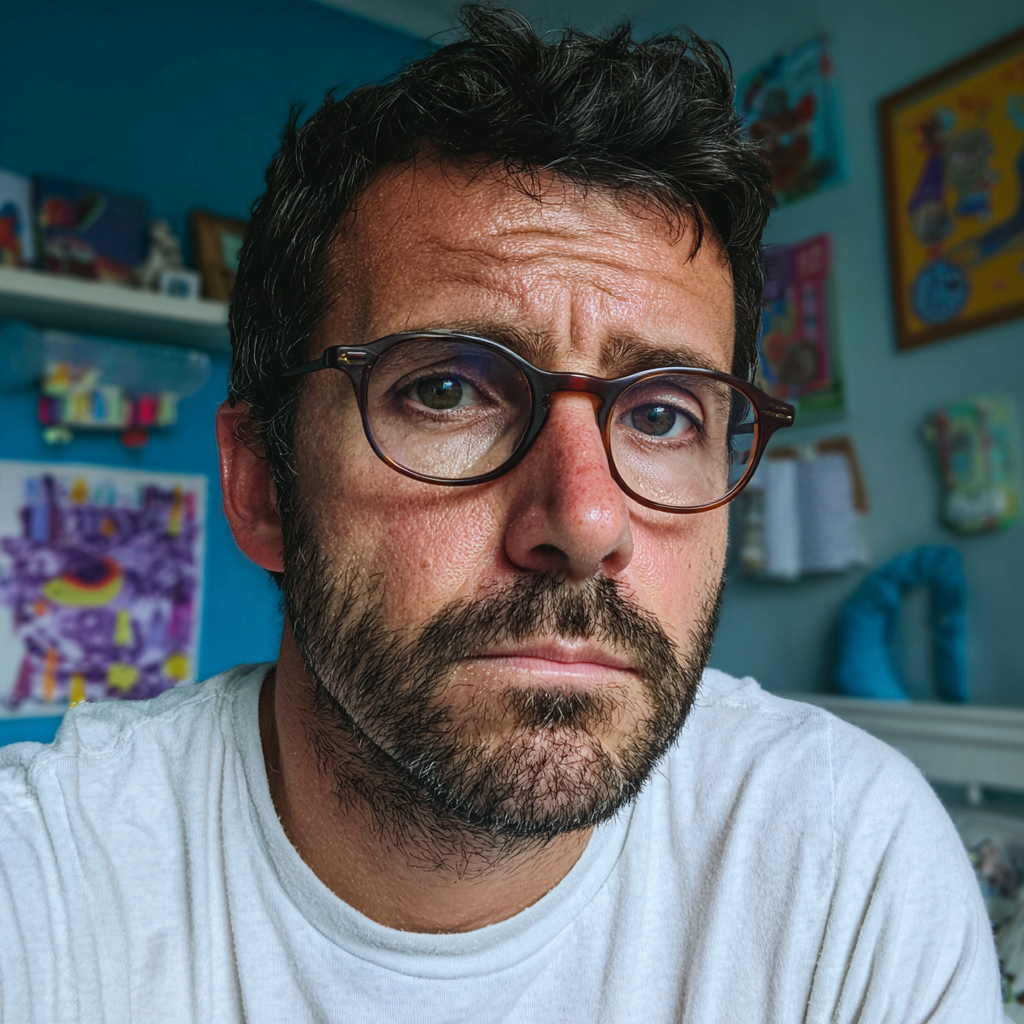 An upset man sitting in a teenage boy's bedroom | Source: Midjourney