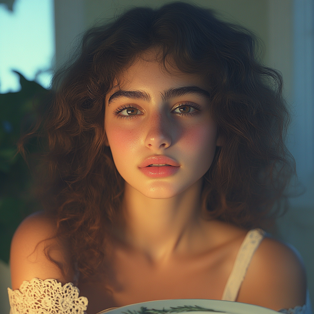 A young woman sitting at a dinner table | Source: Midjourney