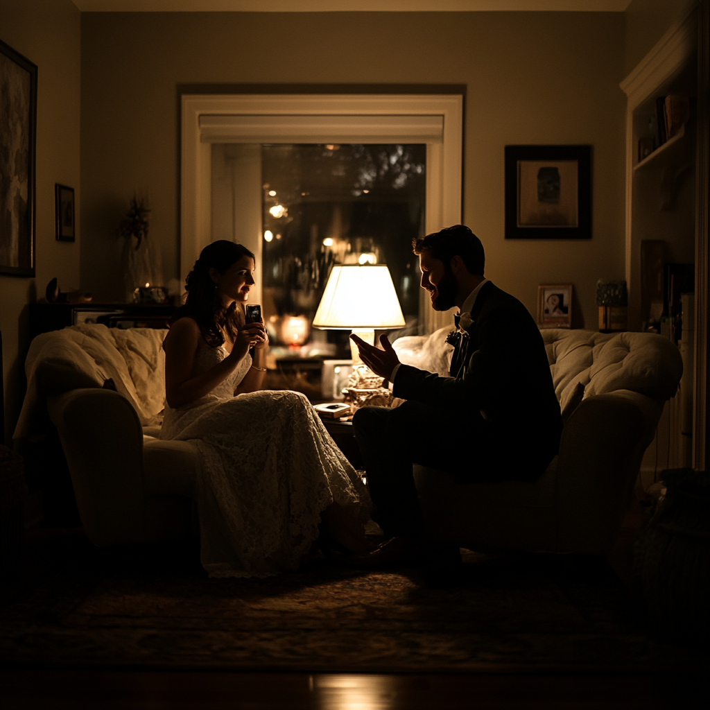 Newly weds having an intimate conversation in their living room | Source: Midjourney