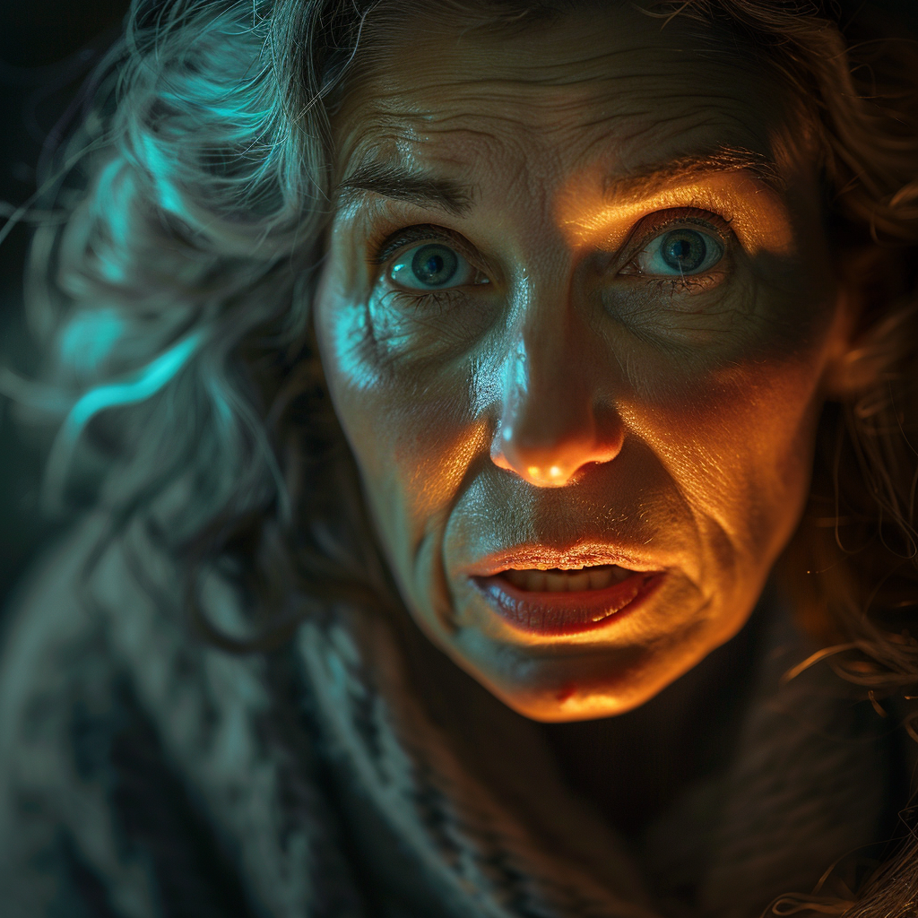 Terrified older woman looking up | Source: Midjourney