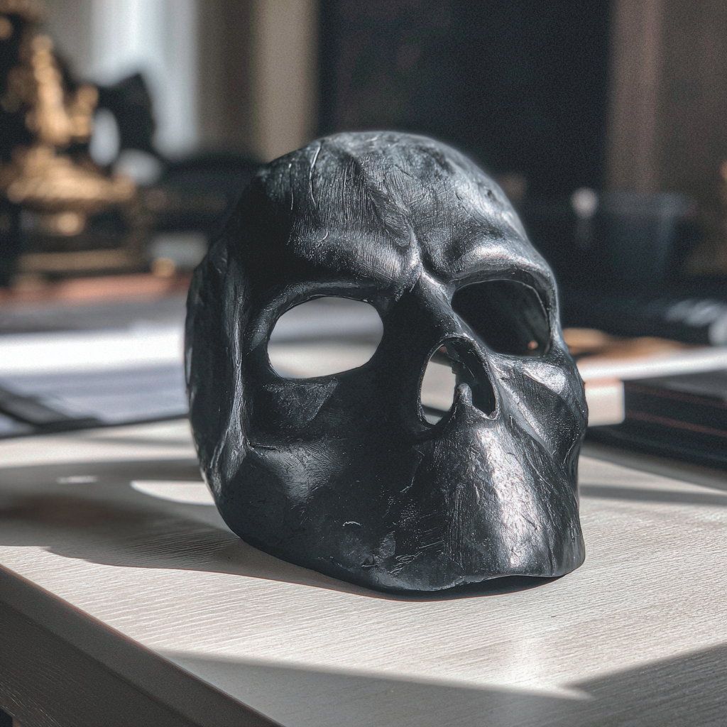 A creepy black mask on a desk | Source: Midjourney