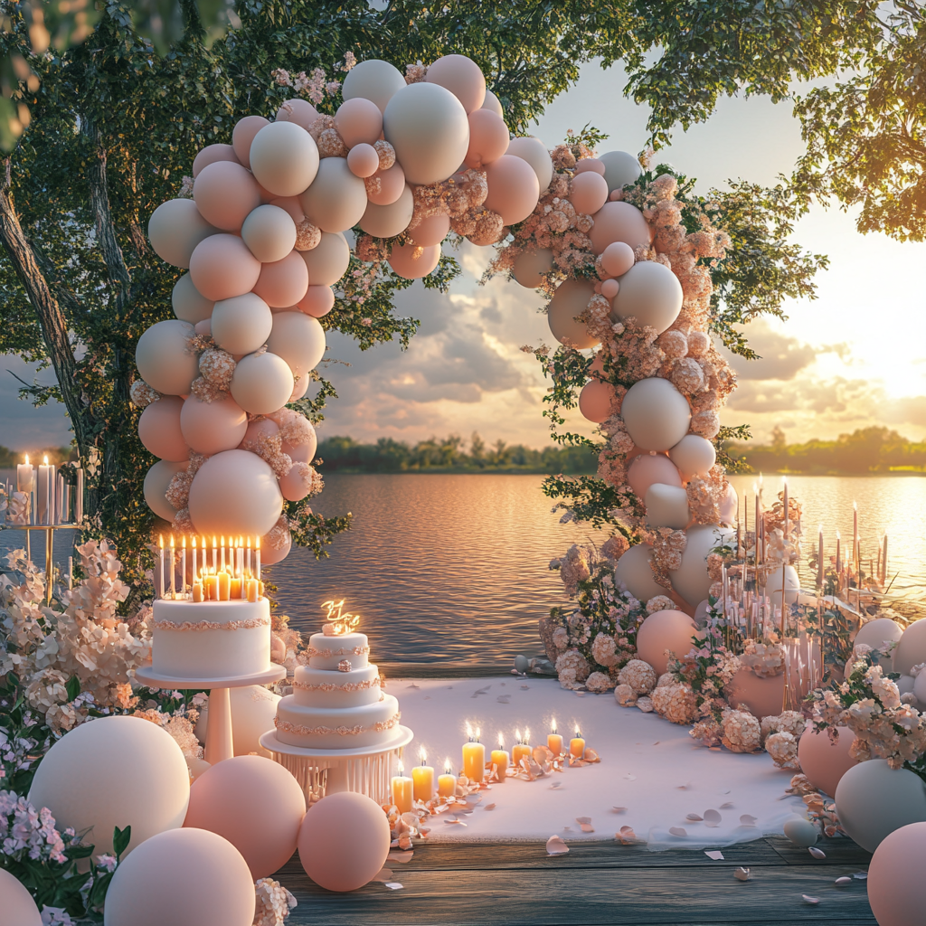 Birthday celebration decor with a backdrop overlooking a lake | Source: Midjourney