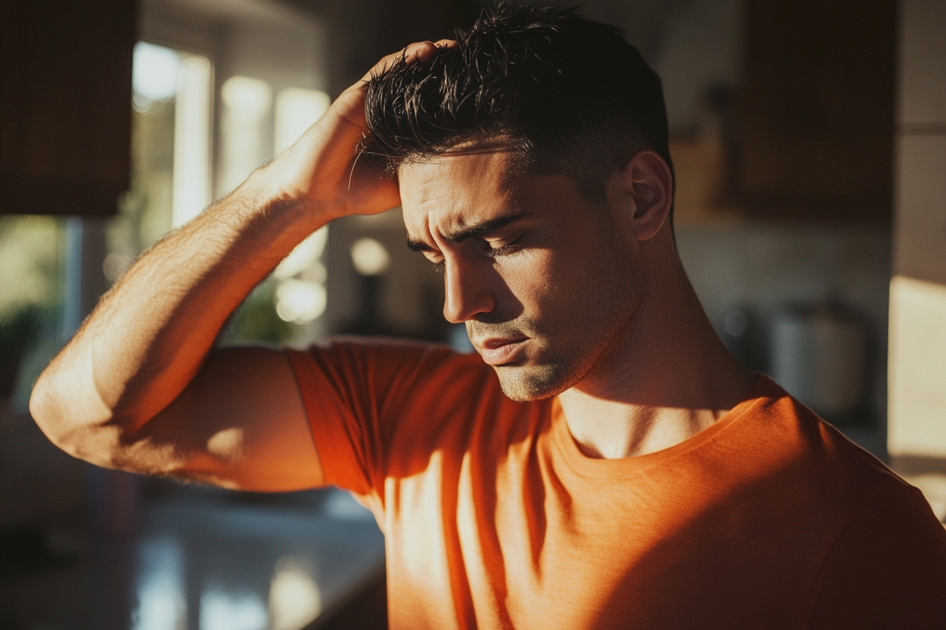 A man in his 30s looking exasperated, running his hand through his hair in a kitchen | Source: Midjourney