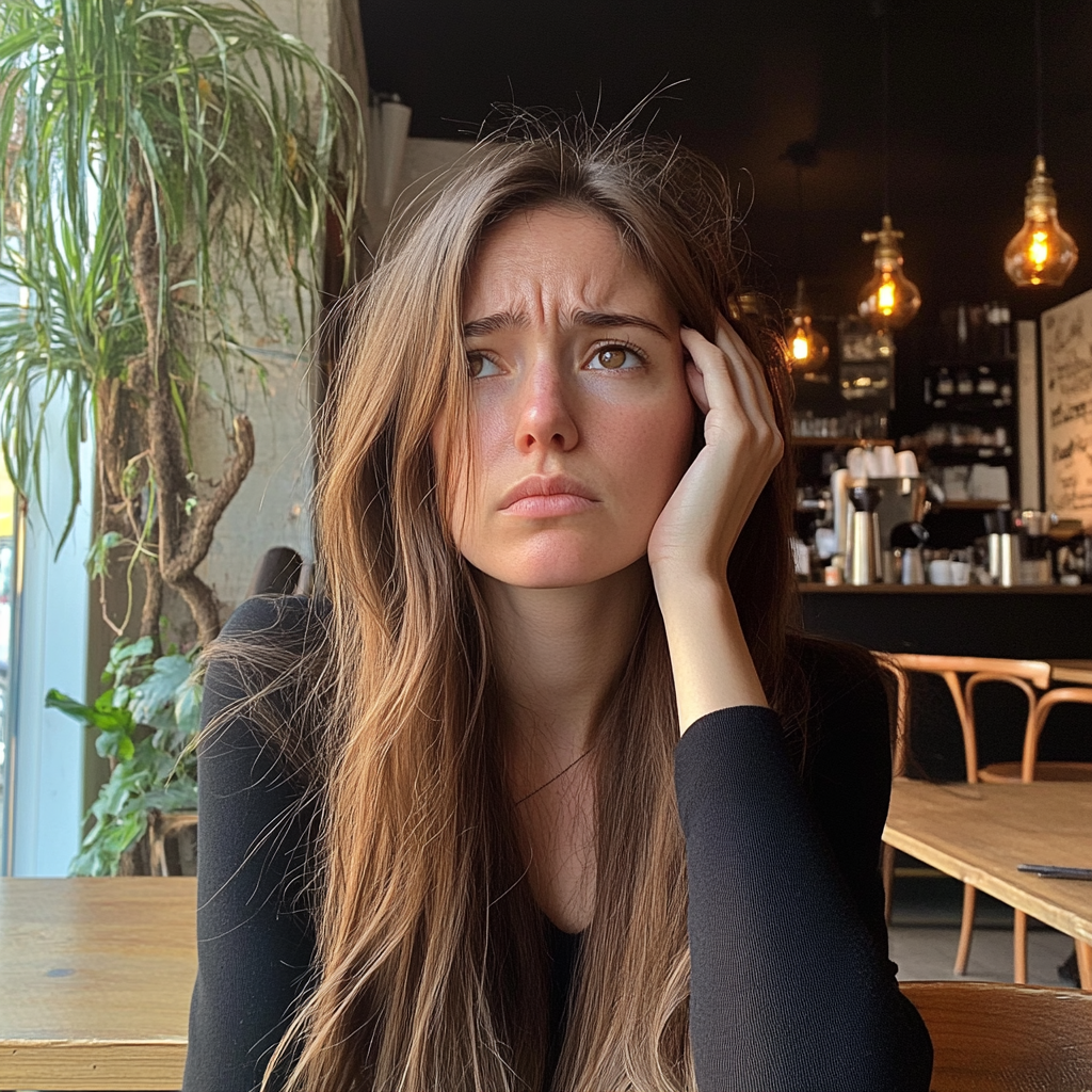 An upset woman sitting in a coffee shop | Source: Midjourney