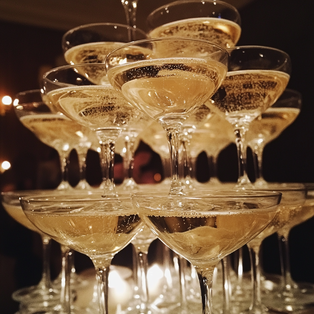 A champagne tower at a wedding | Source: Midjourney