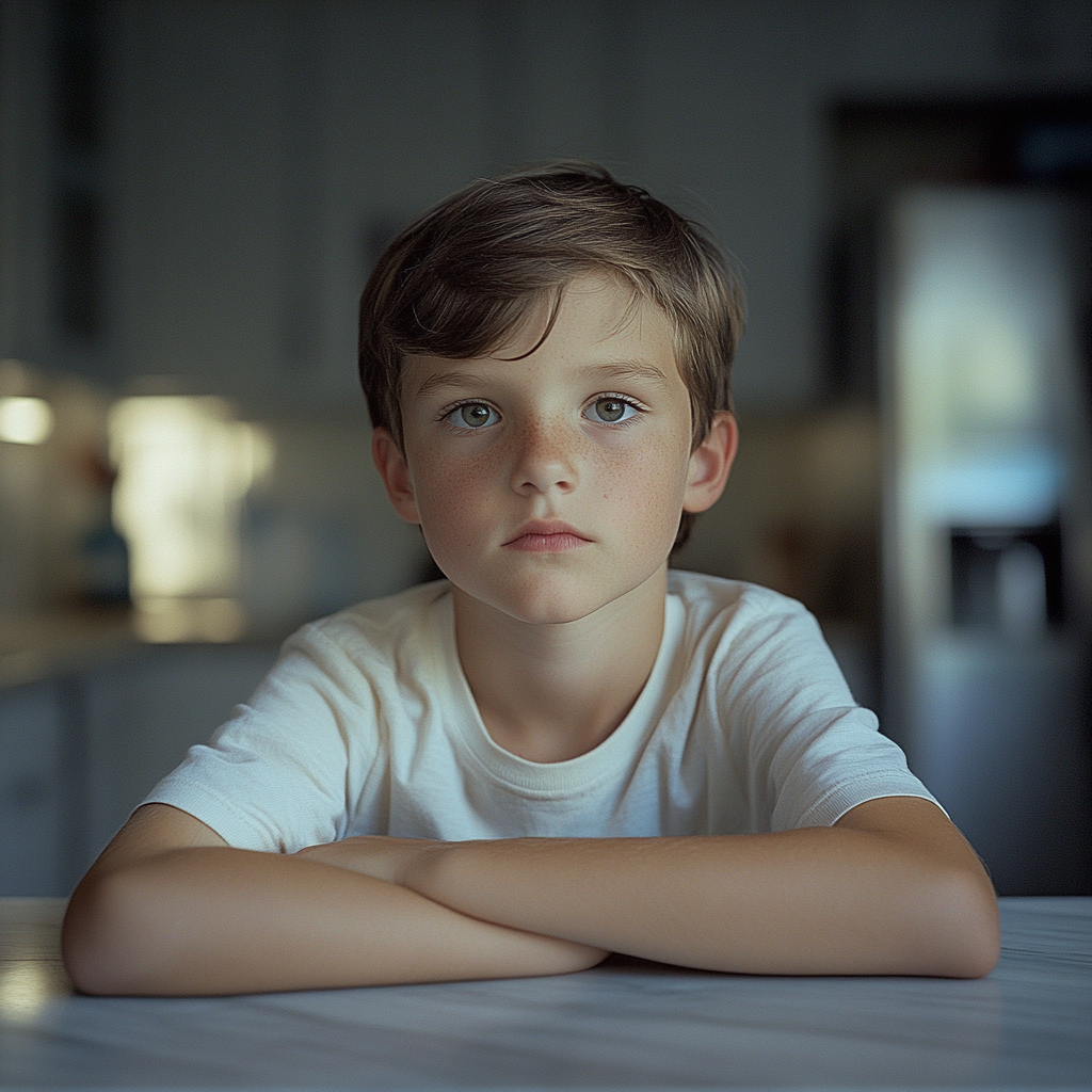 Un niño sentado en la cocina | Fuente: Midjourney