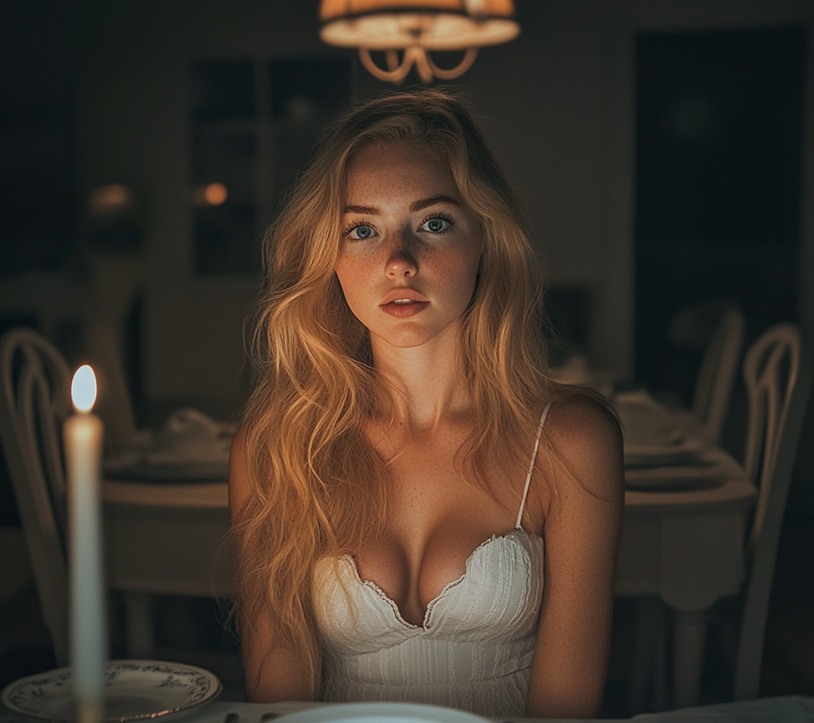 A pensive young woman sitting at a table | Source: Midjourney