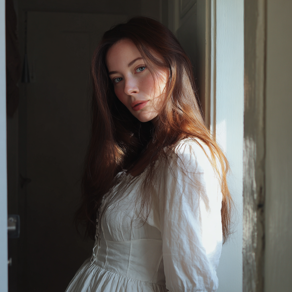 A pensive woman standing at a front door | Source: Midjourney