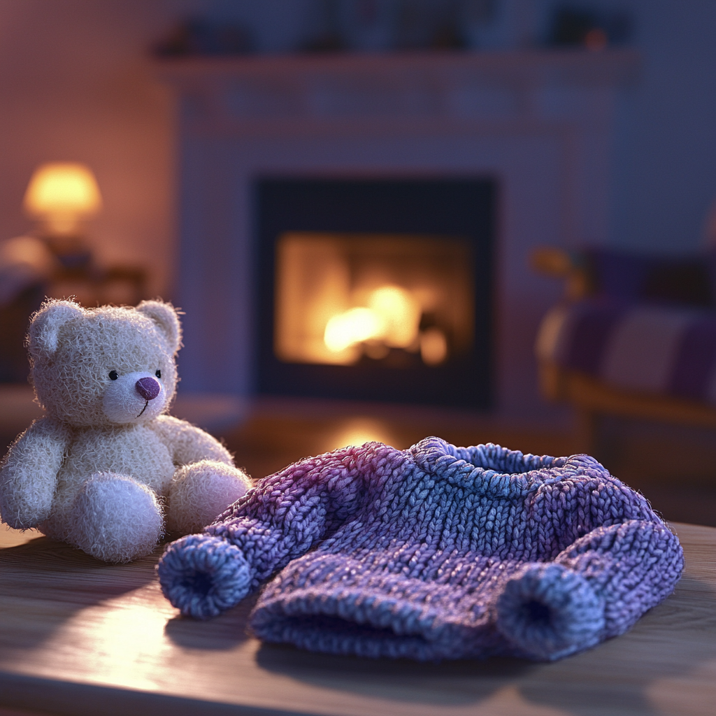 A baby's woollen sweater and teddy bear on the table | Source: Midjourney