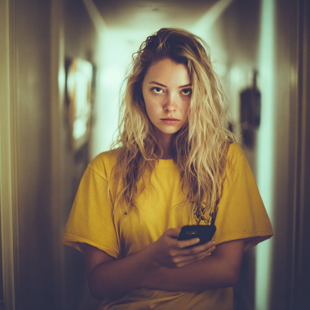 A woman holding her cellphone | Source: Midjourney
