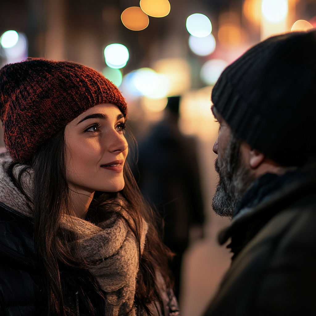 A woman talking to a homeless man | Source: Midjourney