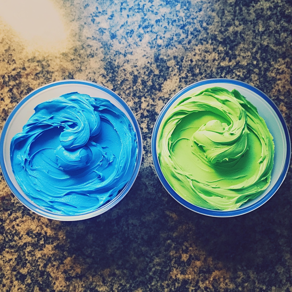 Bowls of frosting on a counter | Source: Midjourney