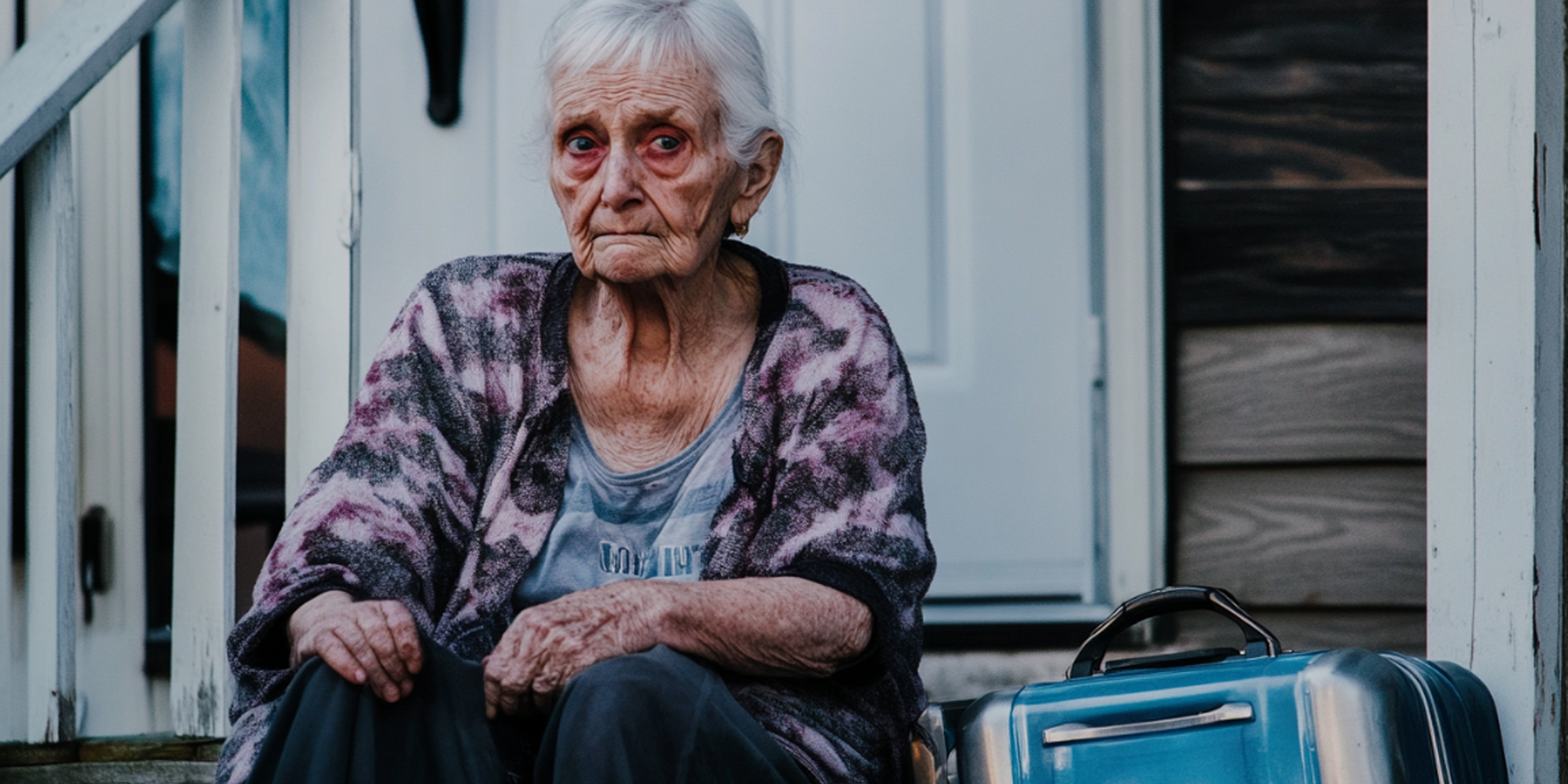 A sad grandmother sitting on the porch with her packed suitcase | Source: Amomama