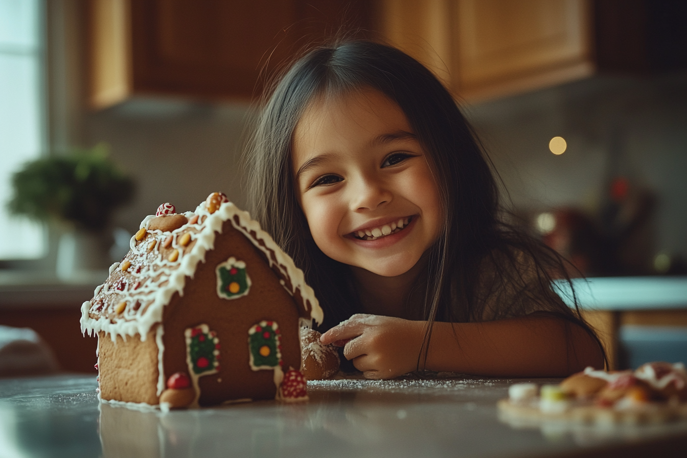 A little girl with a gingerbeard house | Source: Midjourney