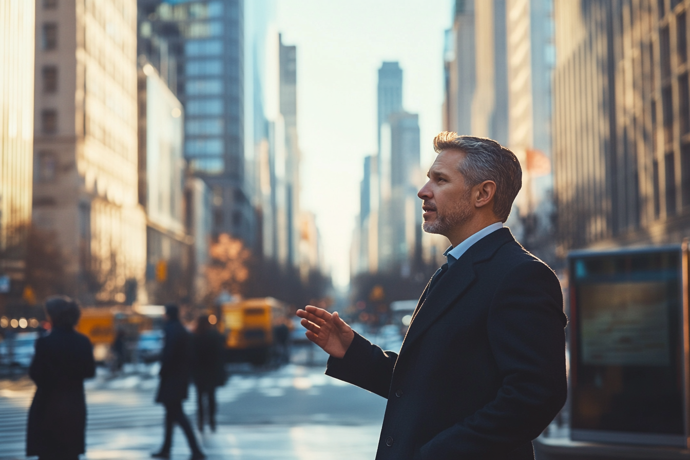 A businessman speaking to someone on a street corner | Source: Midjourney