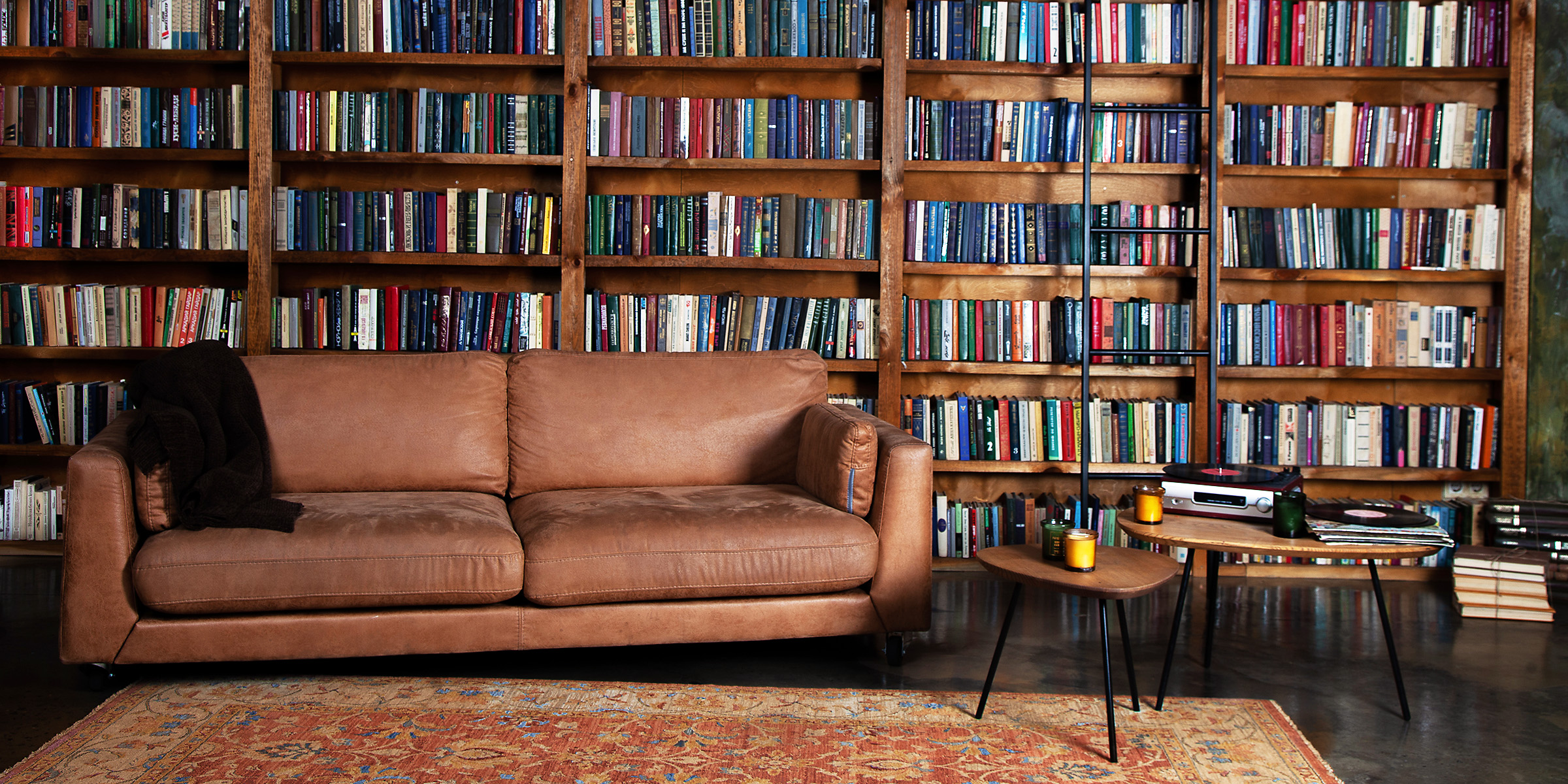 A brown sofa lying in a home library | Source: Shutterstock
