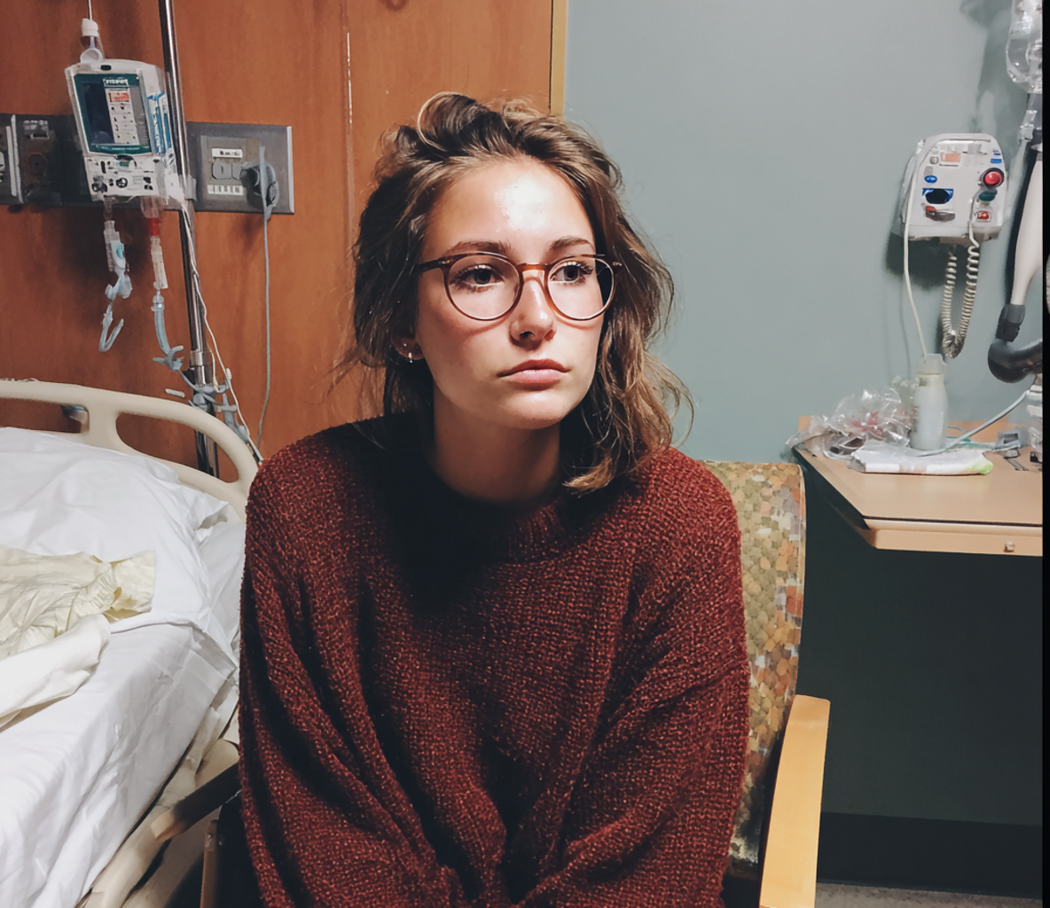 A woman sitting next to a hospital bed | Source: Midjourney