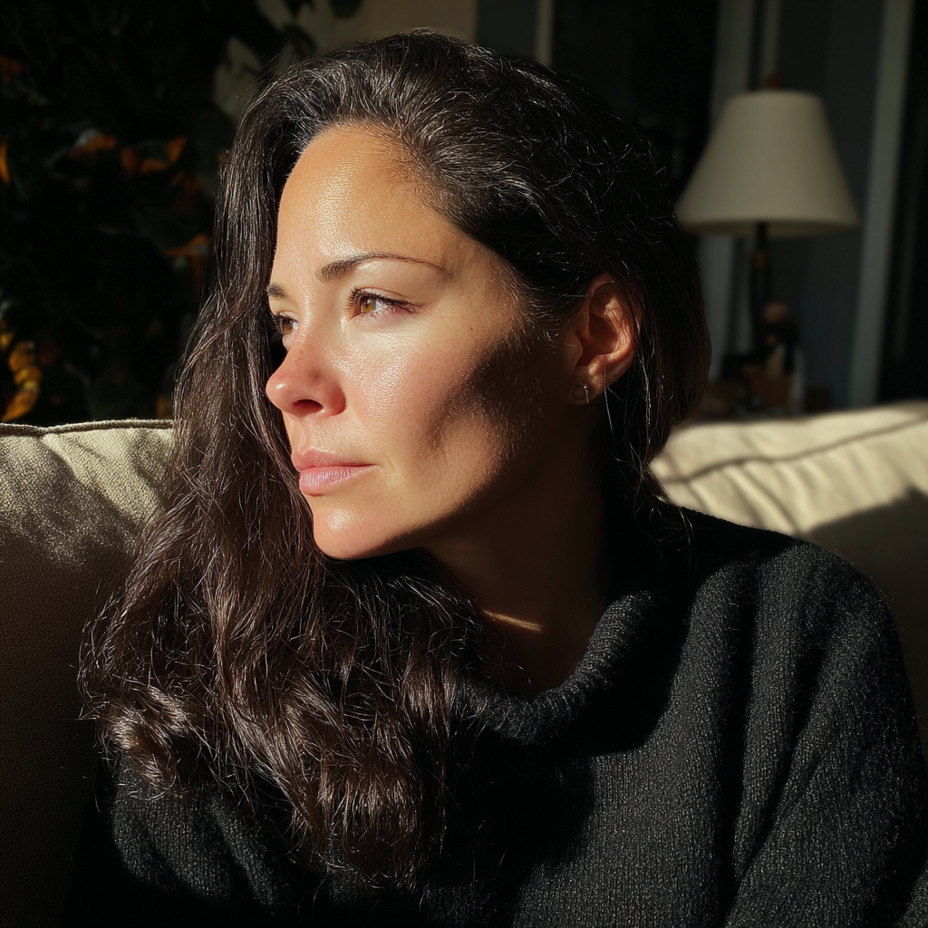 A woman in a black sweater sitting on a couch | Source: Midjourney
