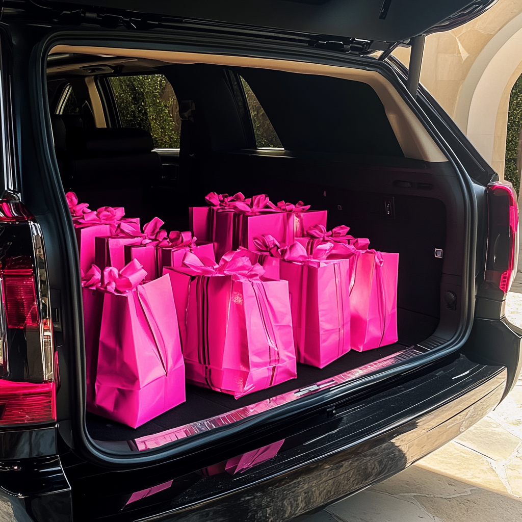 Pink gift bags in a trunk | Source: Midjourney