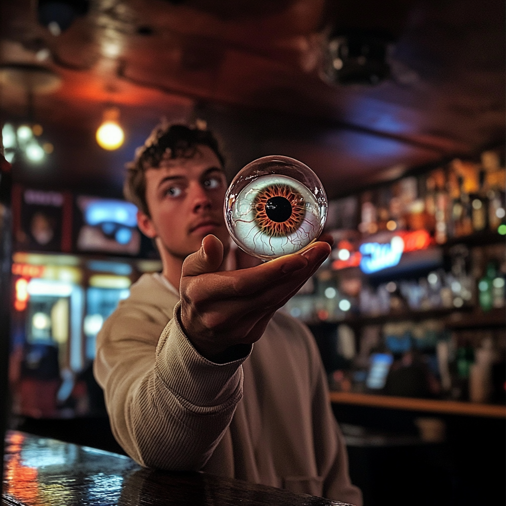 A man holding a glass eyeball | Source: Midjourney