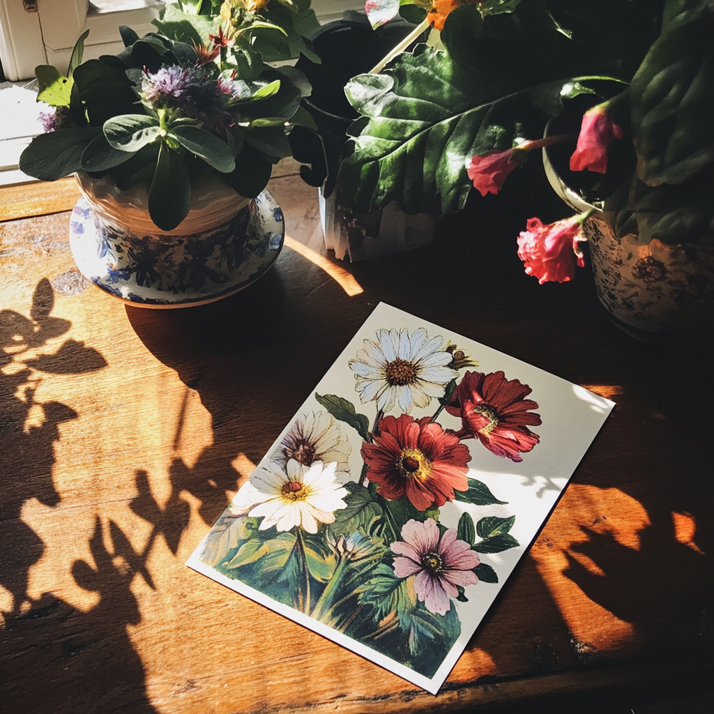 A floral postcard on a table | Source: Midjourney