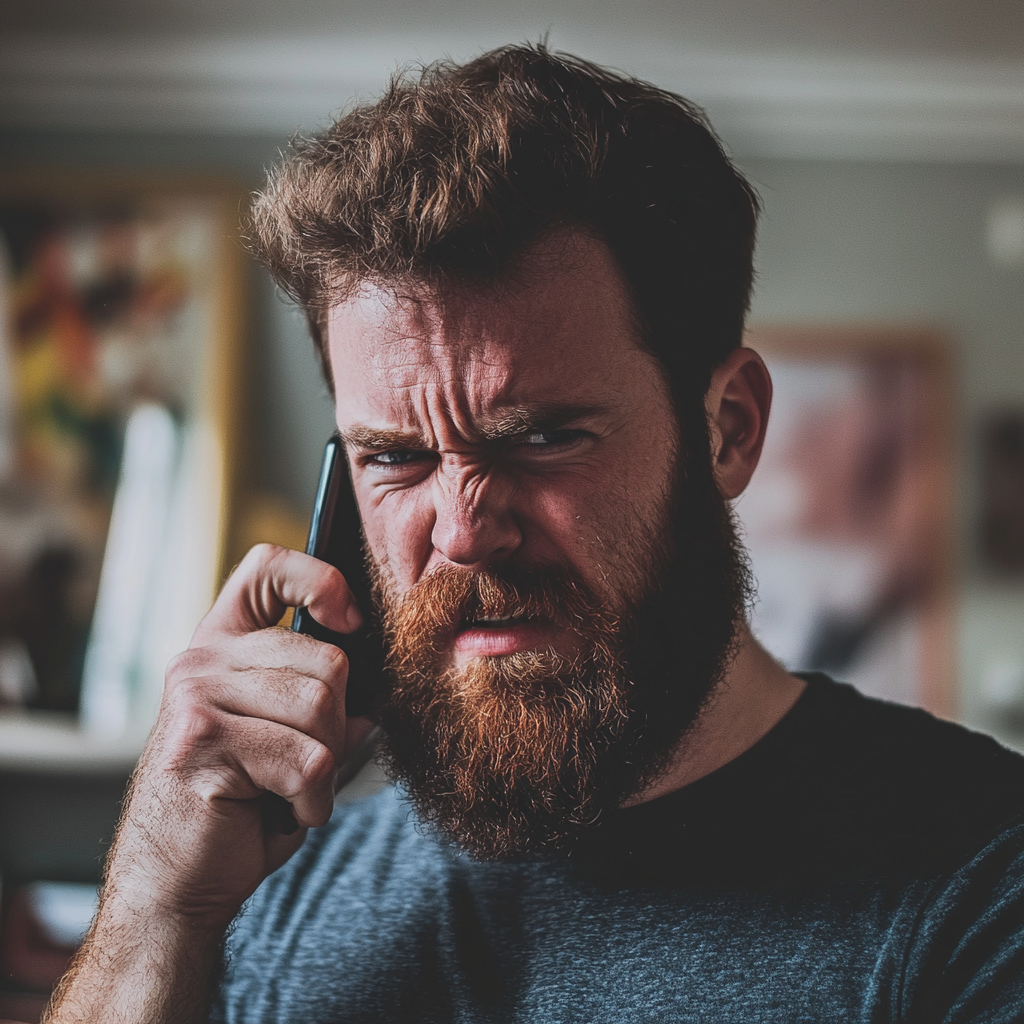 An angry man talking on his phone in his living room | Source: Midjourney