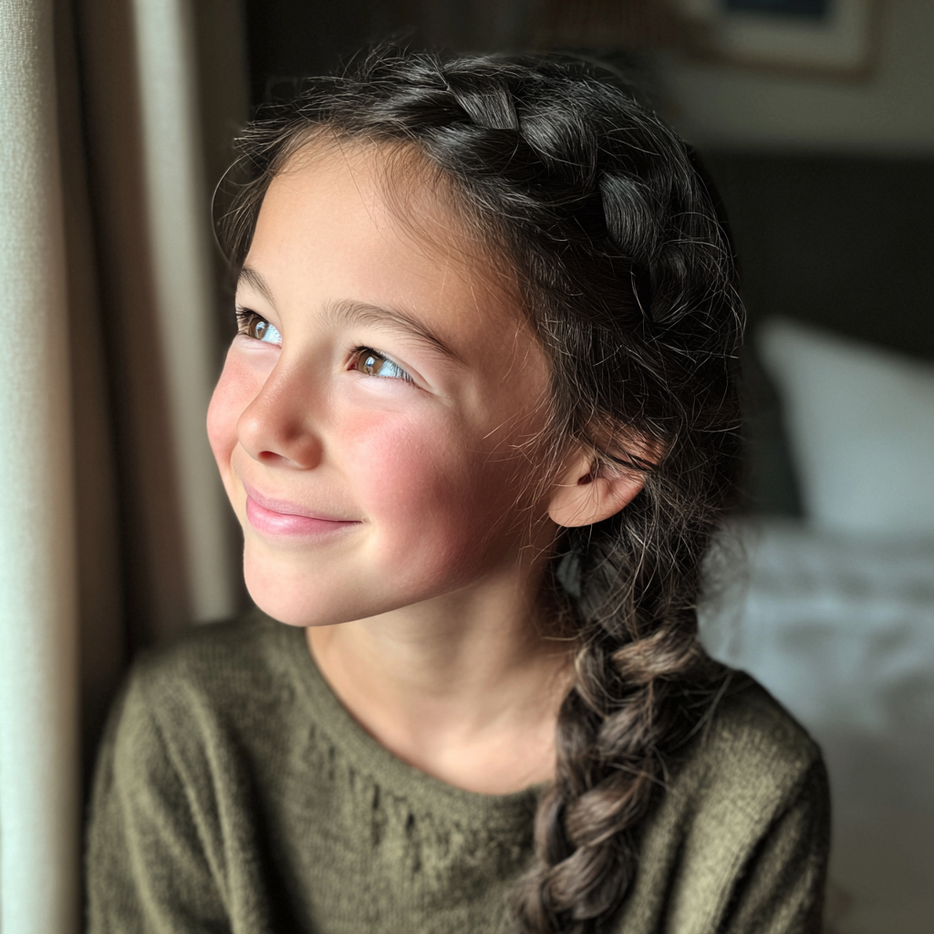 A smiling little girl with braided hair | Source: Midjourney