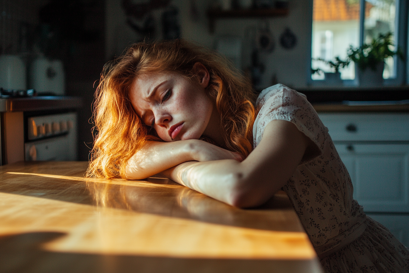 An exhausted woman resting on a kitchen table | Source: Midjourney