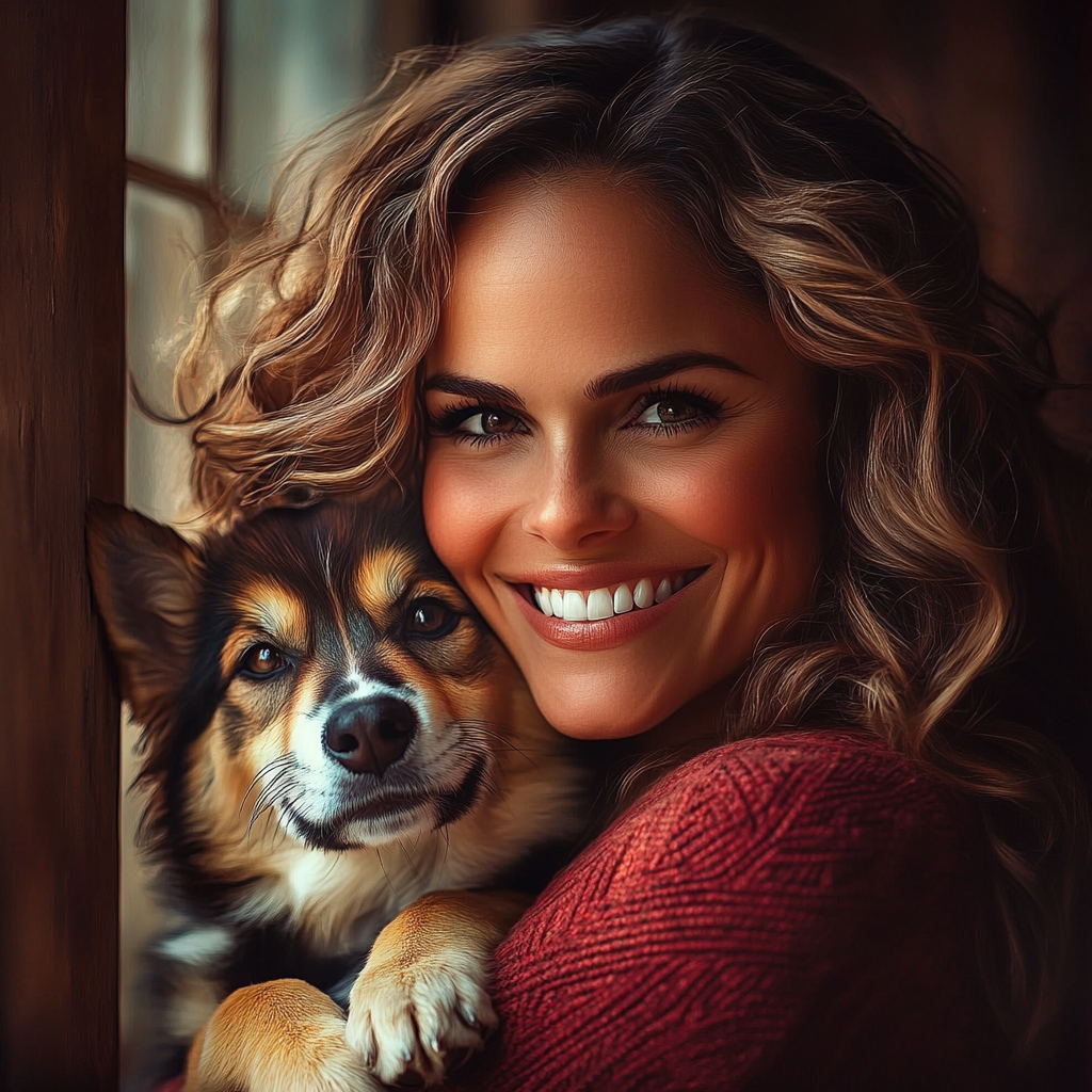 A delighted woman holding a German Shepherd puppy | Source: Midjourney