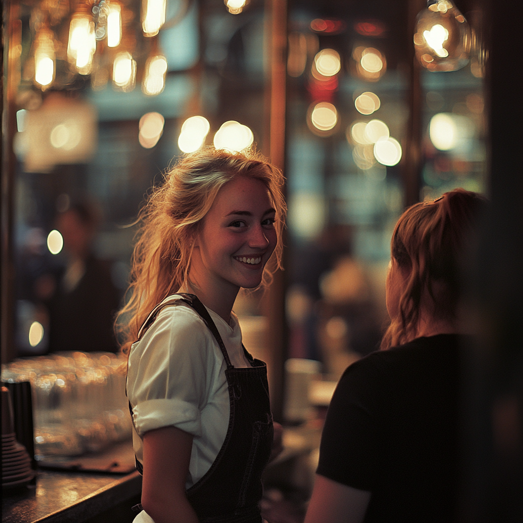 A smiling waitress walking away with a woman | Source: Midjourney