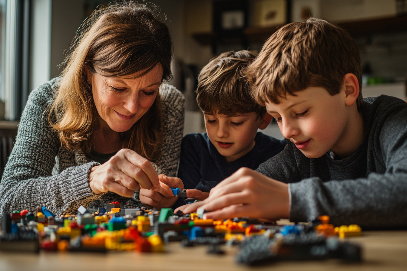 A woman building LEGO with her sons | Source: Midjourney