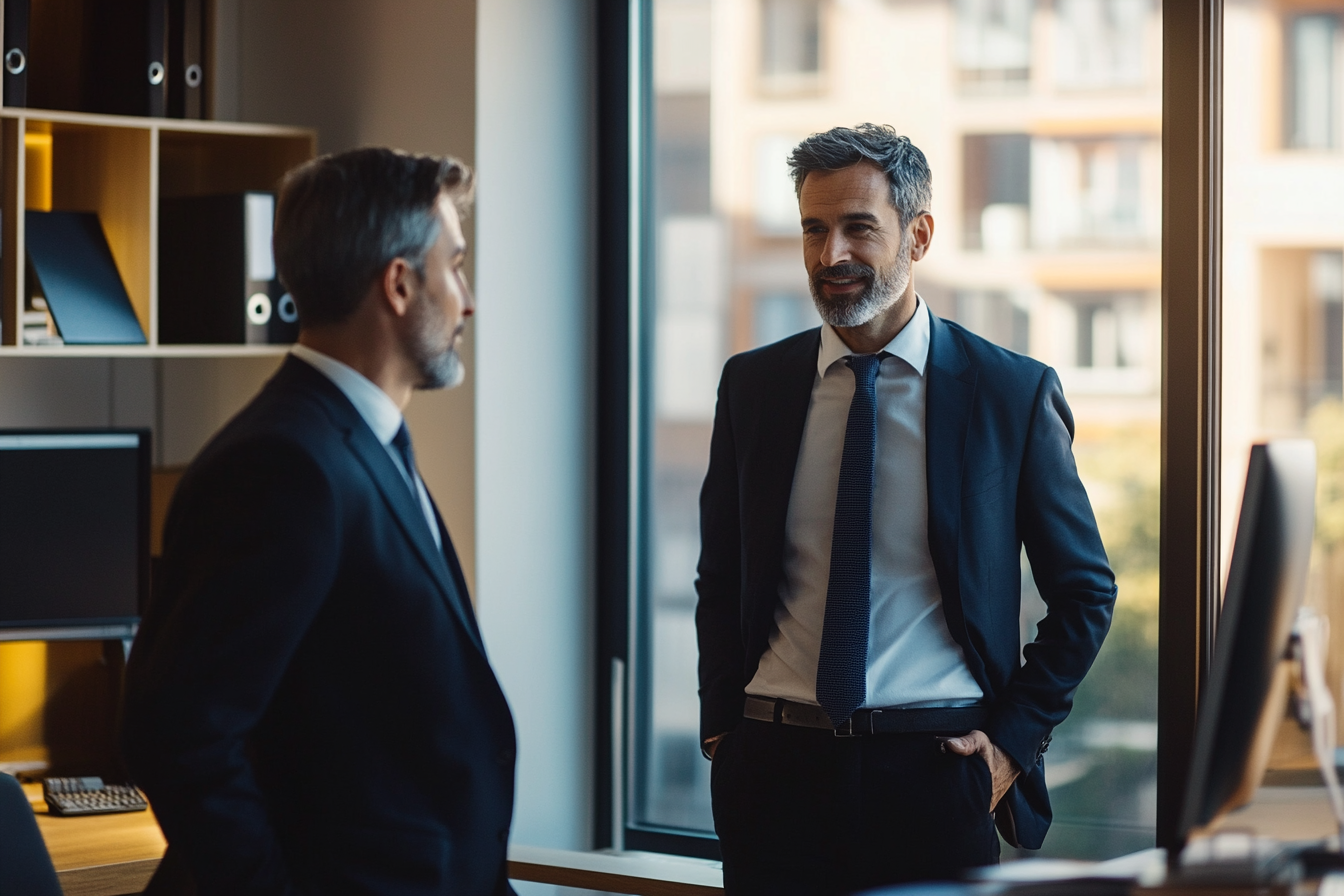 Two men standing in an office | Source: Midjourney