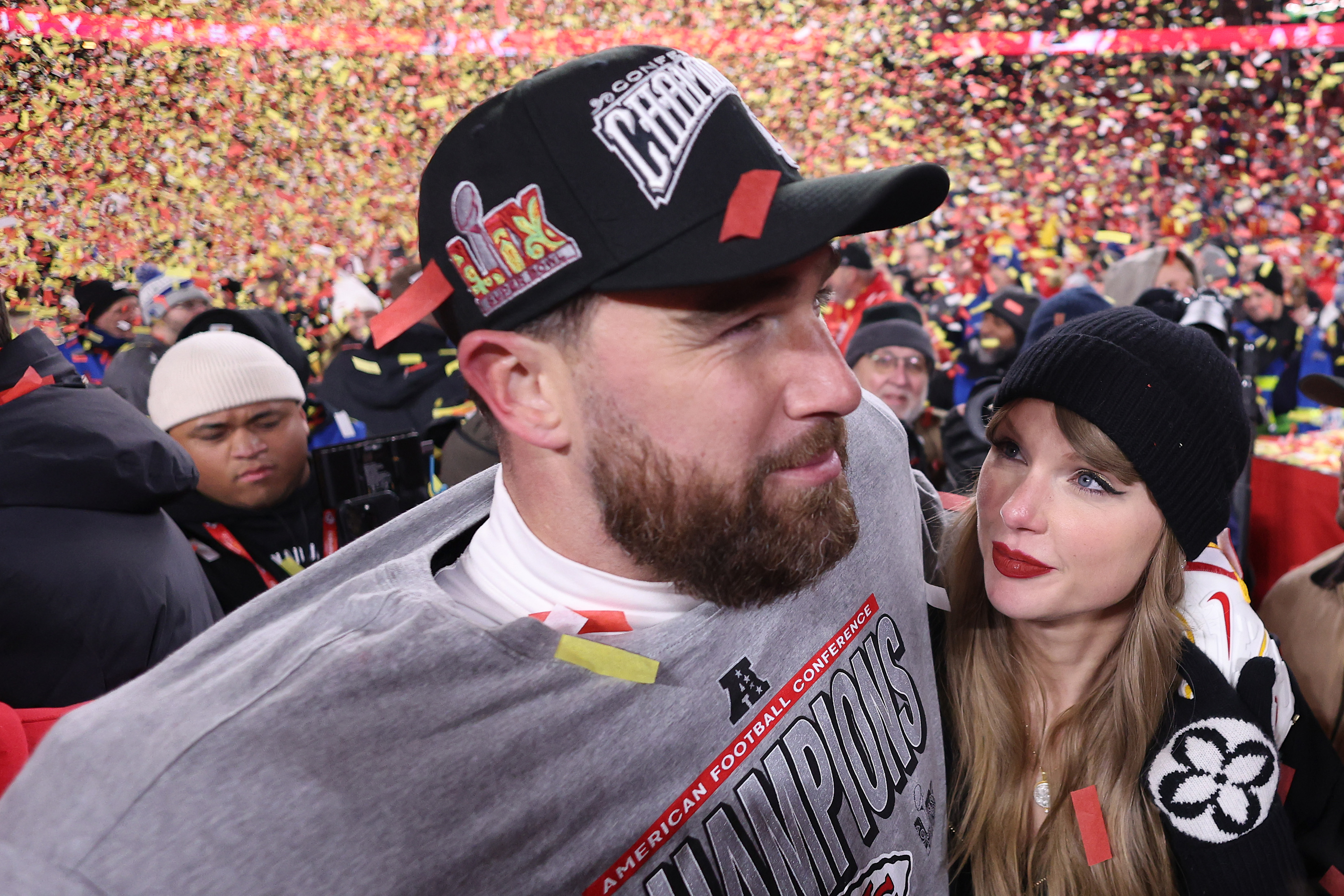 Taylor Swift celebrates with Travis Kelce after the Kansas City Chiefs defeated the Buffalo Bills in the AFC Championship Game on January 26, 2025, in Kansas City, Missouri | Source: Getty Images