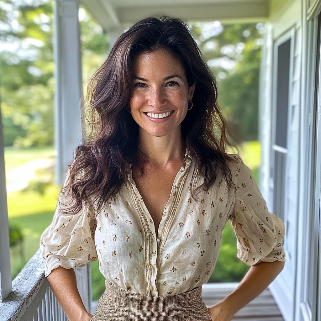 A smiling woman standing on a porch | Source: Midjourney