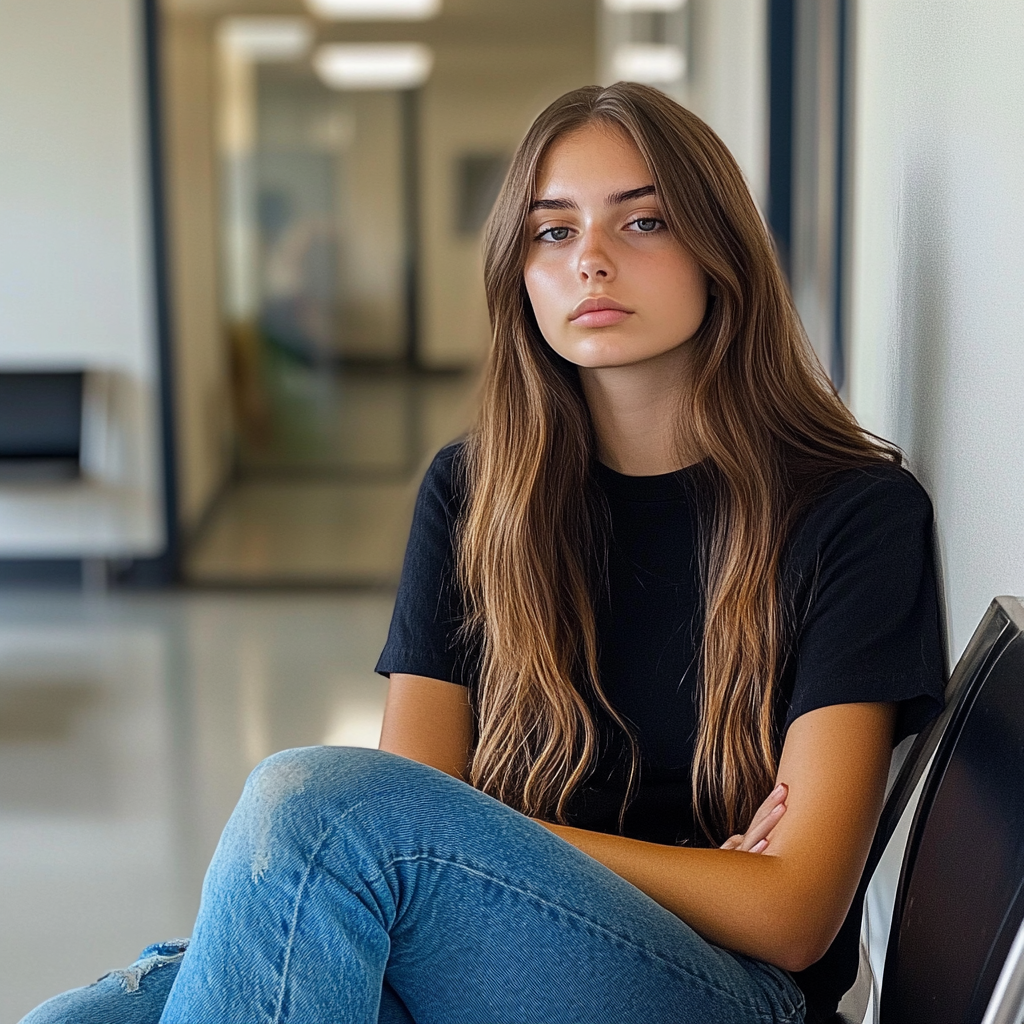 A young woman sitting in a waiting room | Source: Midjourney