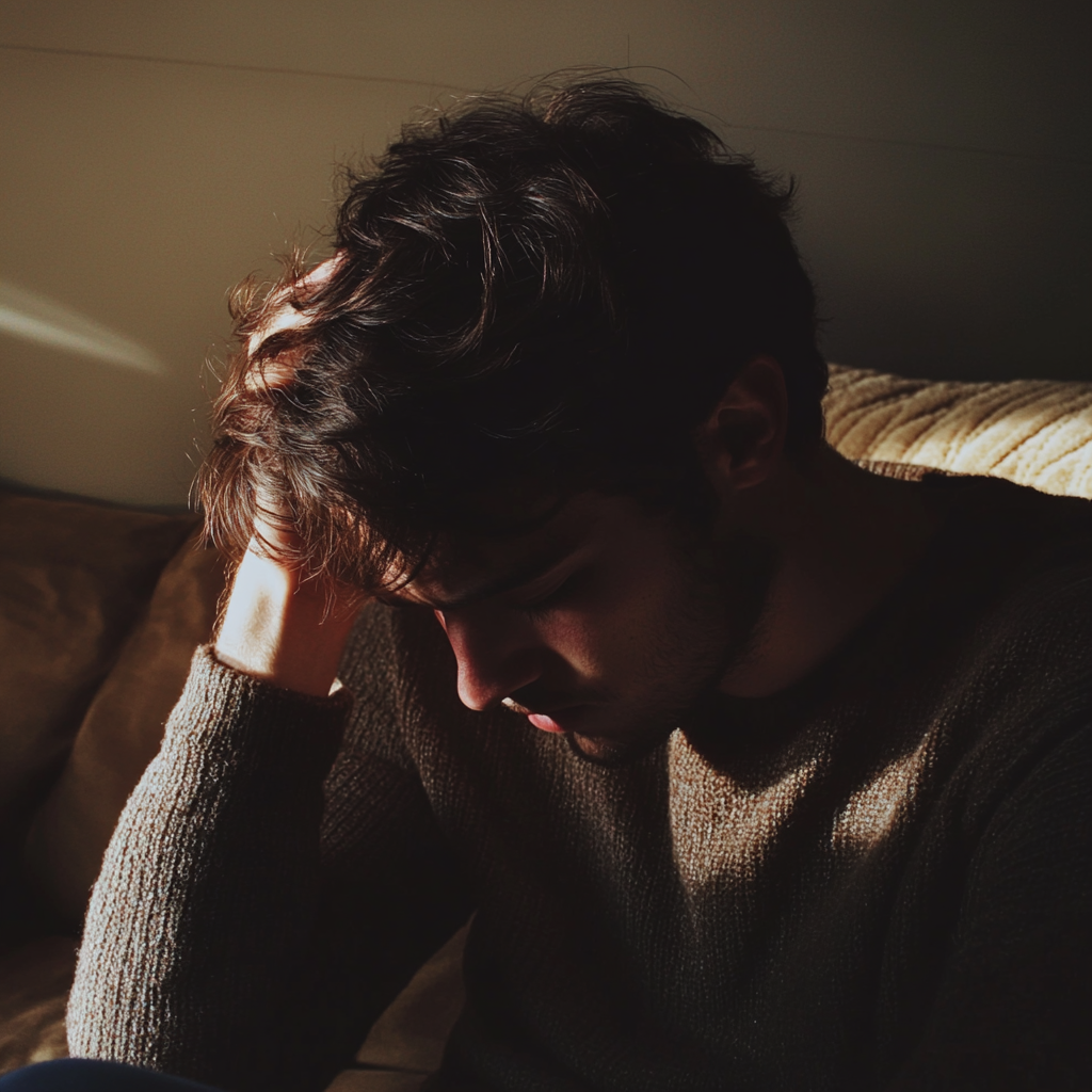 A man sitting on a couch and holding his head | Source: Midjourney