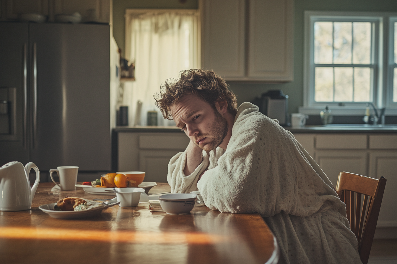 A sickly man sitting at a kitchen table | Source: Midjourney