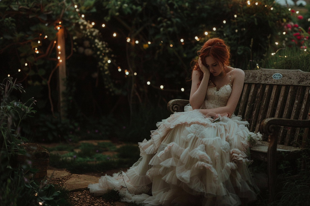 A bride crying on a bench | Source: Midjourney