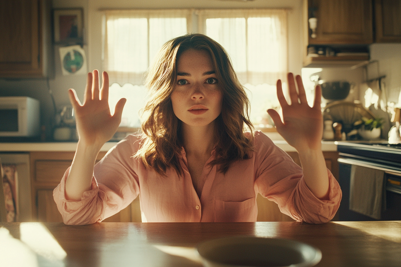 Une femme assise à une table de cuisine lève les mains en signe de reddition | Source : Midjourney